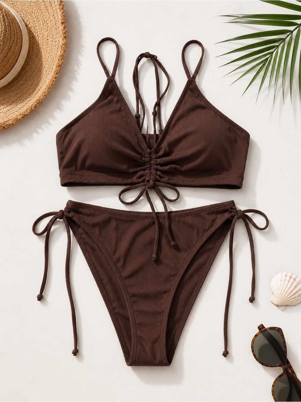 Brown Tie-Back Ribbed Bikini Set